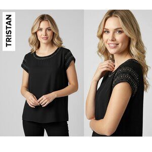 TRISTAN, Black short sleeve top with metallic bead detailing
